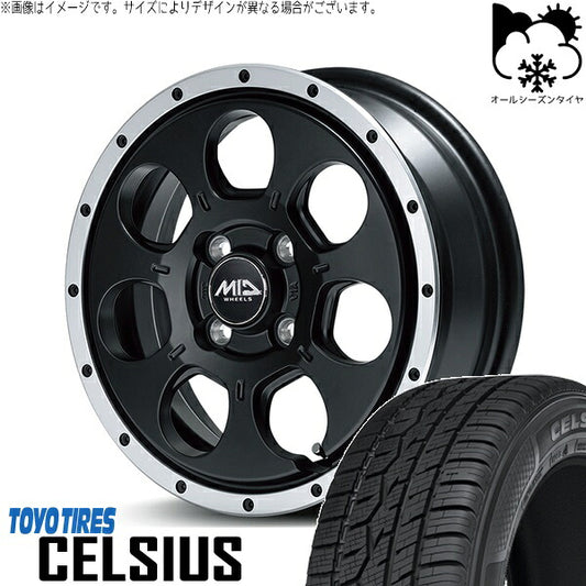 トーヨータイヤ セルシアス 175/65R15 ＋ MIDホイール ロードマックス WO-7 セミグロスブラックフランジDC 15インチ 4.5J +45 4H100P オールシーズン・ホイール4本セット。1枚目。