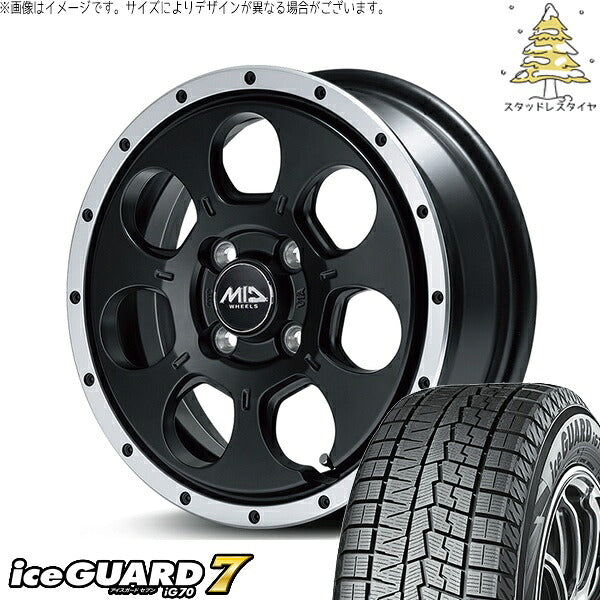 ヨコハマタイヤ アイスガードセブン IG70 165/65R14 ＋ MIDホイール ロードマックス WO-7 セミグロスブラックフランジDC 14インチ 4.5J +45 4H100P スタッドレス・ホイール4本セット。1枚目。