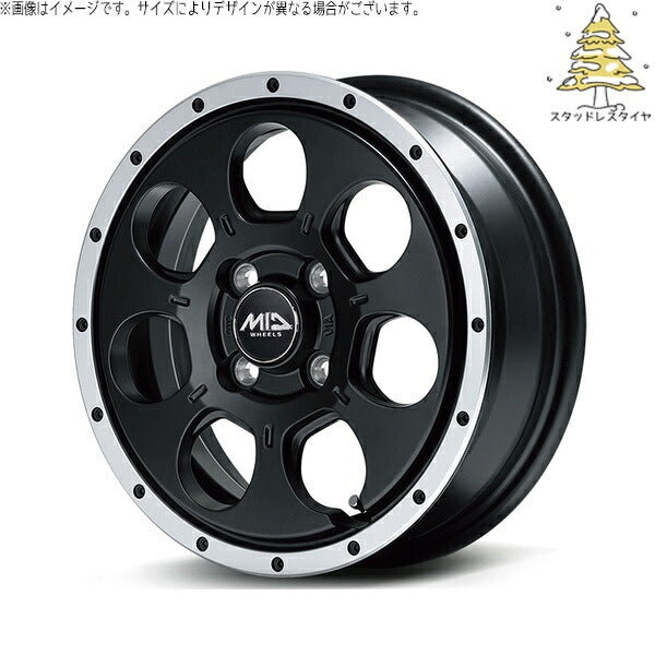 輸入スタッドレスタイヤ（銘柄指定不可） 165/70R14 ＋ MIDホイール WO-7 セミグロスブラックフランジDC 14インチ 4.5J +45 4H100P ホイール4本セット。1枚目。