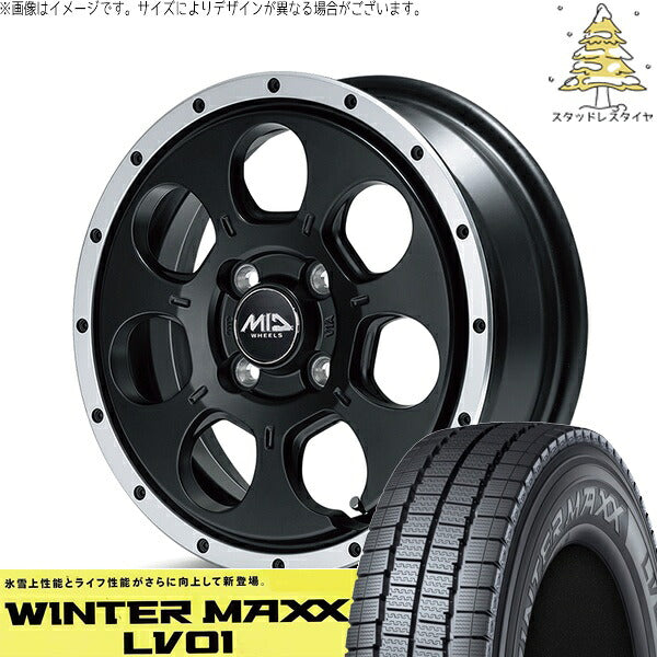 ダンロップ ウィンターマックス LV01 145R12 ＋ MIDホイール ロードマックス WO-7 セミグロスブラックフランジDC 12インチ 4.00B +40 4H100P スタッドレス・ホイール4本セット。1枚目。
