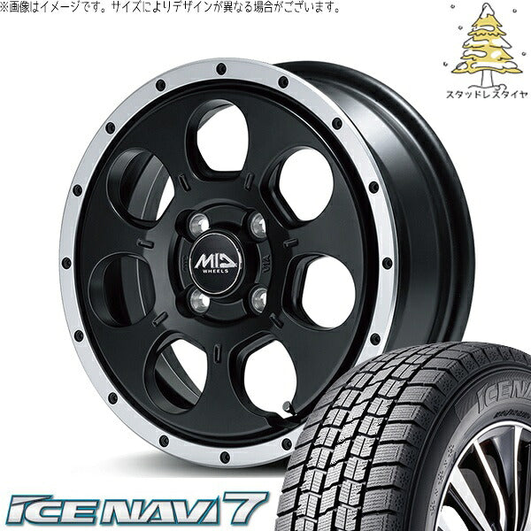 グッドイヤー アイスナビ7 165/55R15 ＋ MIDホイール ロードマックス WO-7 セミグロスブラックフランジDC 15インチ 4.5J +45 4H100P スタッドレス・ホイール4本セット。1枚目。