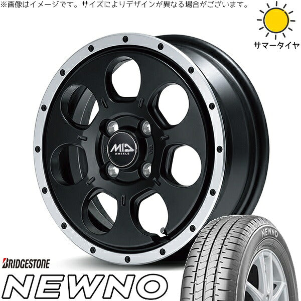 ブリヂストン ニューノ 155/55R14 ＋ MIDホイール ロードマックス WO-7 セミグロスブラックフランジDC 14インチ 4.5J +45 4H100P サマー・ホイール4本セット。1枚目。