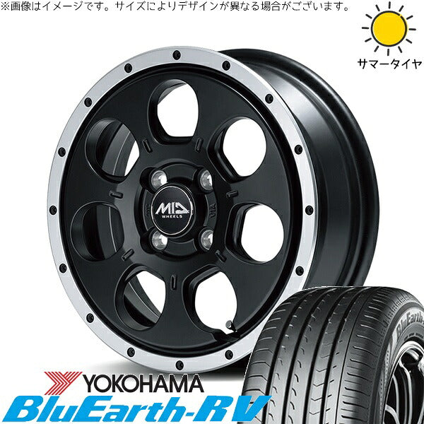 ヨコハマタイヤ ブルーアース RV03 175/65R15 ＋ MIDホイール ロードマックス WO-7 セミグロスブラックフランジDC 15インチ 4.5J +45 4H100P サマー・ホイール4本セット。1枚目。