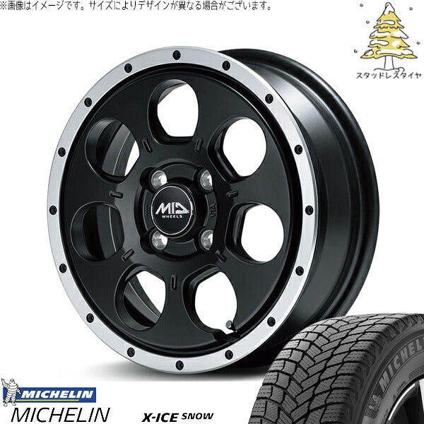 ミシュラン エックスアイス スノー 155/65R14 ＋ MIDホイール ロードマックス WO-7 セミグロスブラックフランジDC 14インチ 4.5J +45 4H100P スタッドレス・ホイール4本セット。1枚目。