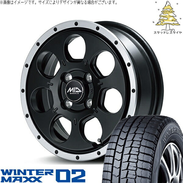 ダンロップ ウィンターマックス02 165/55R15 ＋ MIDホイール ロードマックス WO-7 セミグロスブラックフランジDC 15インチ 4.5J +45 4H100P スタッドレス・ホイール4本セット。1枚目。