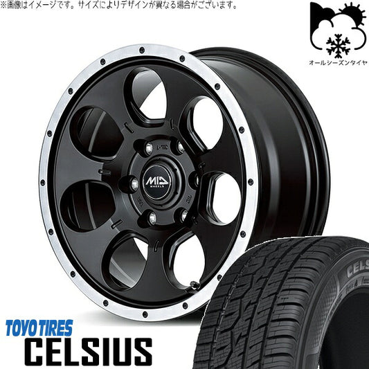 トーヨータイヤ セルシアス 215/65R16 ＋ MIDホイール ロードマックス WO-7 セミグロスブラックフランジDC 16インチ 7J +40 5H114.3P オールシーズン・ホイール4本セット。1枚目。