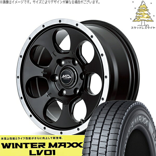 ダンロップ ウィンターマックス LV01 195/80R15 ＋ MIDホイール ロードマックス WO-7 セミグロスブラックフランジDC 15インチ 5.5J +45 6H139.7P スタッドレス・ホイール4本セット。1枚目。