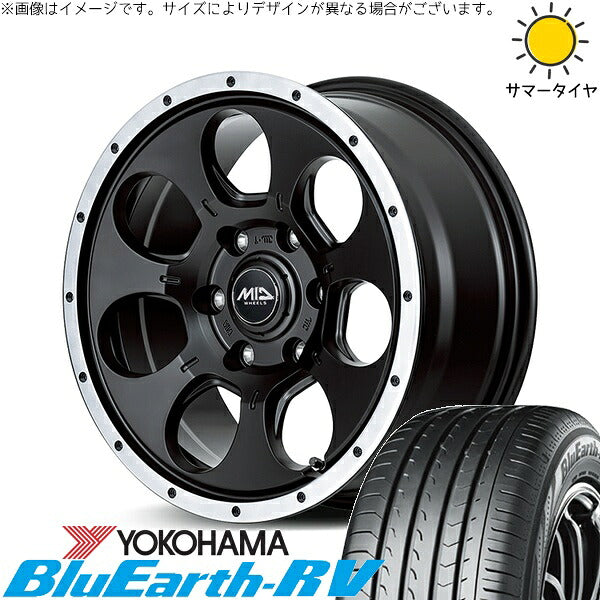 ヨコハマタイヤ ブルーアース RV03 215/65R16 ＋ MIDホイール ロードマックス WO-7 セミグロスブラックフランジDC 16インチ 7J +40 5H114.3P サマー・ホイール4本セット。1枚目。