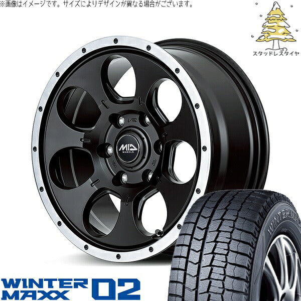 ダンロップ ウィンターマックス02 (WINTERMAXX02 WM02) 195/65R16 ＋ MIDホイール WO-7 セミグロスブラックフランジDC 16インチ 7.0J +40 5H114.3P スタッドレス・ホイール4本セット。1枚目。