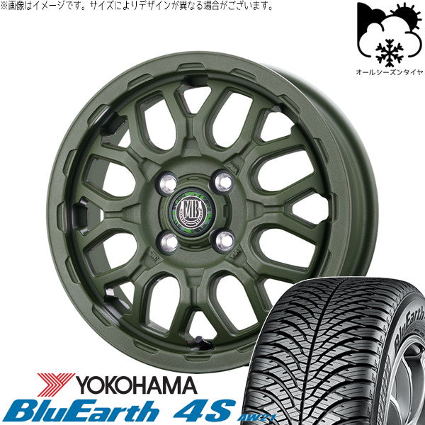 ヨコハマタイヤ ブルーアース4S AW21 155/65R14 ＋ マットバーン XR-800M ME チッピンググリーン(CGR) 14インチ 4.5J +45 4H100P オールシーズン・ホイール4本セット。1枚目。