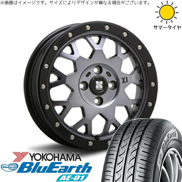 ヨコハマタイヤ ブルーアース AE01 155/65R14 ＋ エクストリームJ XJ04 グロスブラックミルド/スモーク 14インチ 4.5J +43 4H100P サマー・ホイール4本セット。1枚目。