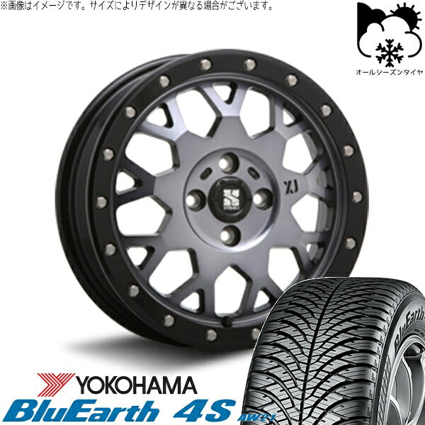 ヨコハマタイヤ ブルーアース4S AW21 155/65R14 ＋ エクストリームJ XJ04 グロスブラックミルド/スモーク 14インチ 4.5J +43 4H100P オールシーズン・ホイール4本セット。1枚目。