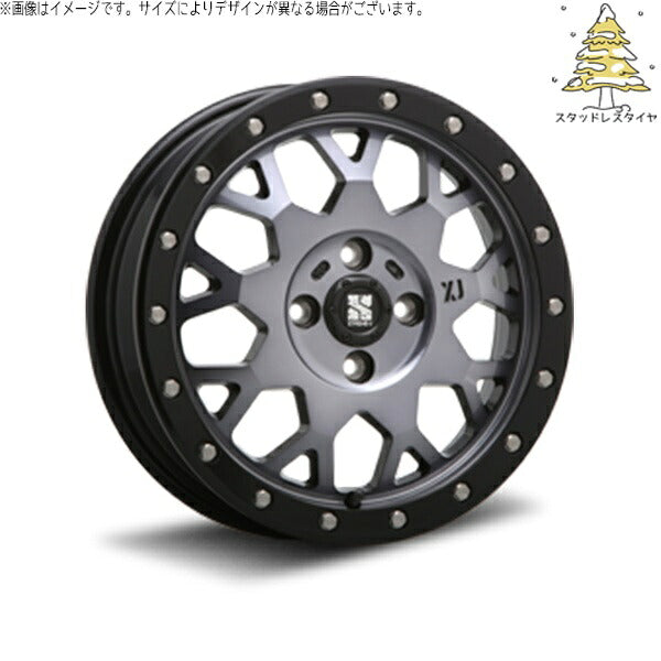 輸入スタッドレスタイヤ（銘柄指定不可） 165/65R14 ＋ エクストリームJ XJ04 グロスブラックミルド/スモーク 14インチ 4.5J +43 4H100P ホイール4本セット。1枚目。