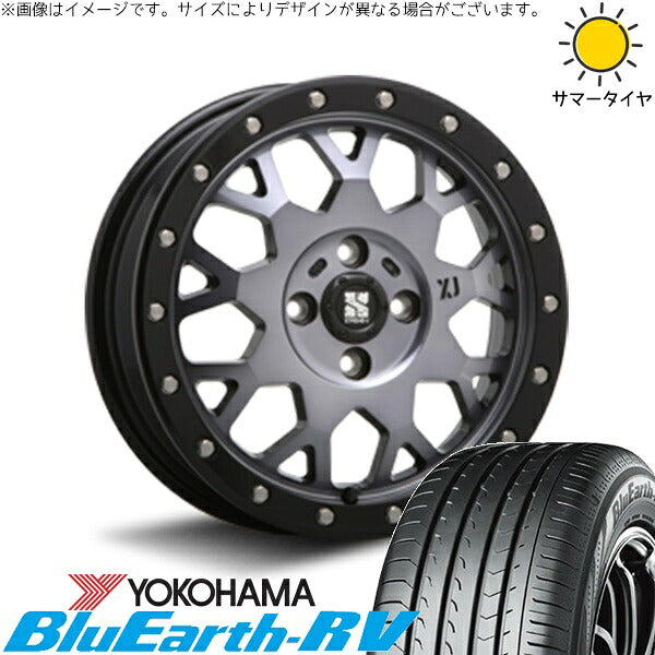 ヨコハマタイヤ ブルーアース RV03 215/65R16 ＋ エクストリームJ XJ04 グロスブラックミルド/スモーク 16インチ 6.5J +38 4H100P サマー・ホイール4本セット。1枚目。