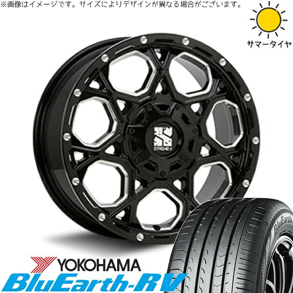 ヨコハマタイヤ ブルーアース RV03 225/60R17 ＋ エクストリームJ XJ06 グロスブラックミルド 17インチ 7.5J +35 5H114.3P サマー・ホイール4本セット。1枚目。