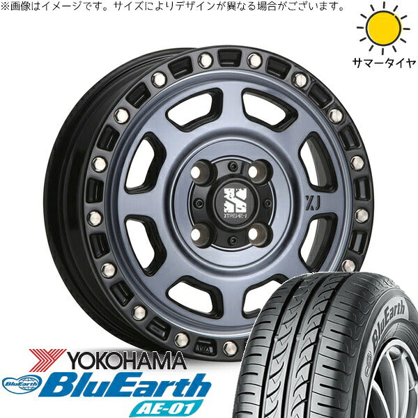 ヨコハマタイヤ ブルーアース AE01 165/55R14 ＋ エクストリームJ XJ07 グロスブラックミルド/インディゴ 14インチ 4.5J +43 4H100P サマー・ホイール4本セット。1枚目。