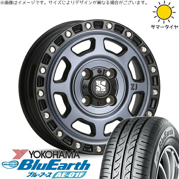 ヨコハマタイヤ ブルーアース AE-01F 185/70R14 ＋ エクストリームJ XJ07 グロスブラックミルド/インディゴ 14インチ 5J +42 4H114.3P サマー・ホイール4本セット。1枚目。