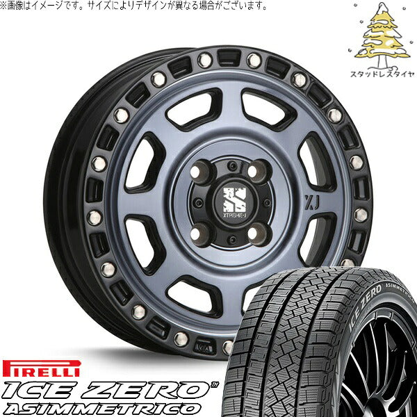 ピレリ アイスゼロアシンメトリコ 175/65R15 ＋ エクストリームJ XJ07 グロスブラックミルド/インディゴ 15インチ 4.5J +43 4H100P スタッドレス・ホイール4本セット。1枚目。
