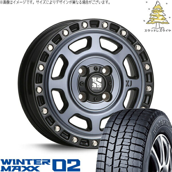 ダンロップ ウィンターマックス02 165/55R15 ＋ エクストリームJ XJ07 グロスブラックミルド/インディゴ 15インチ 4.5J +43 4H100P スタッドレス・ホイール4本セット。1枚目。