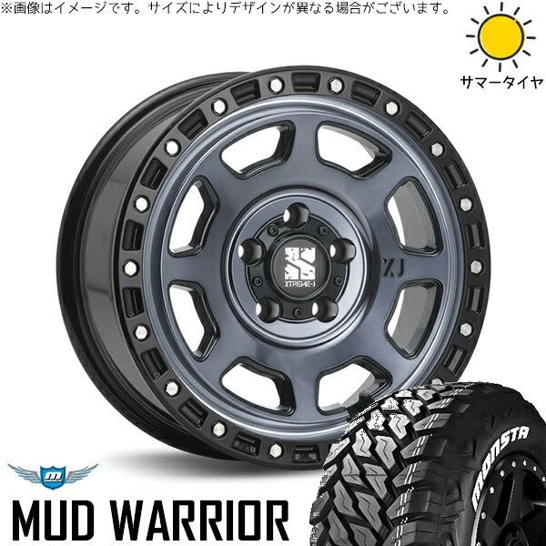 モンスタタイヤ マッドウォーリアー (MUD WARRIOR) 235/70R16 ＋ エクストリームJ XJ07 グロスブラックミルド/インディゴ 16インチ 7J +35 5H114.3P サマー・ホイール4本セット。1枚目。